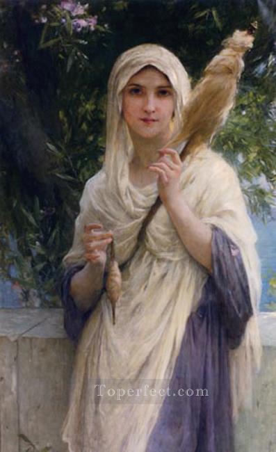 The Spinner By The Sea realistic girl portraits Charles Amable Lenoir Oil Paintings